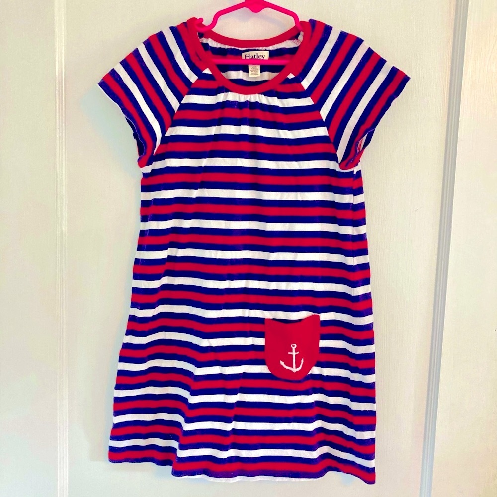 Hatley Nautical Striped Anchor Pocket Dress Girls Size 7 Cotton